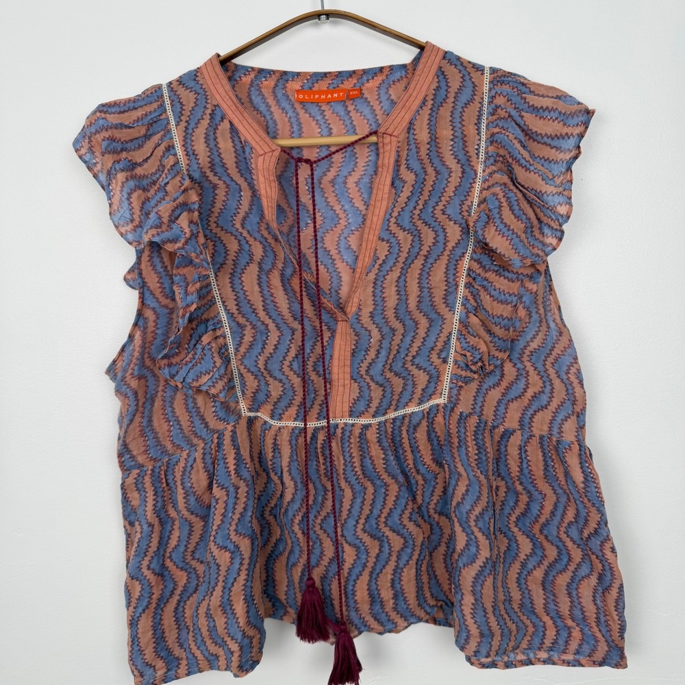 Oliphant XXL Flirty Tie Top Blue Orange Zigzag Cotton Ruffle Flutter Tassel